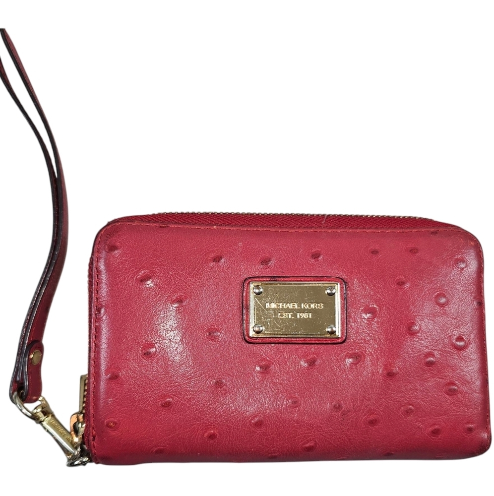 Michael Kors Vintage Red Ostrich Zippered Wallet Wristlet